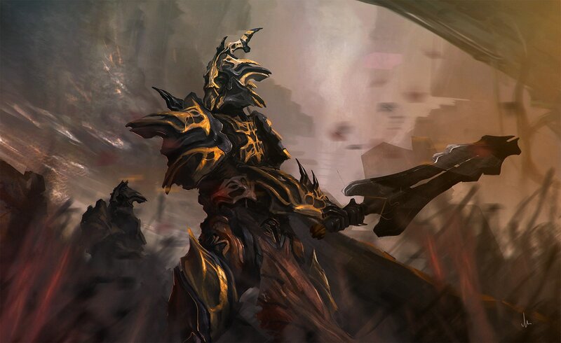 Armored Warrior with Axe — Black, Dramatic, Digital Art, Armor, Smoke