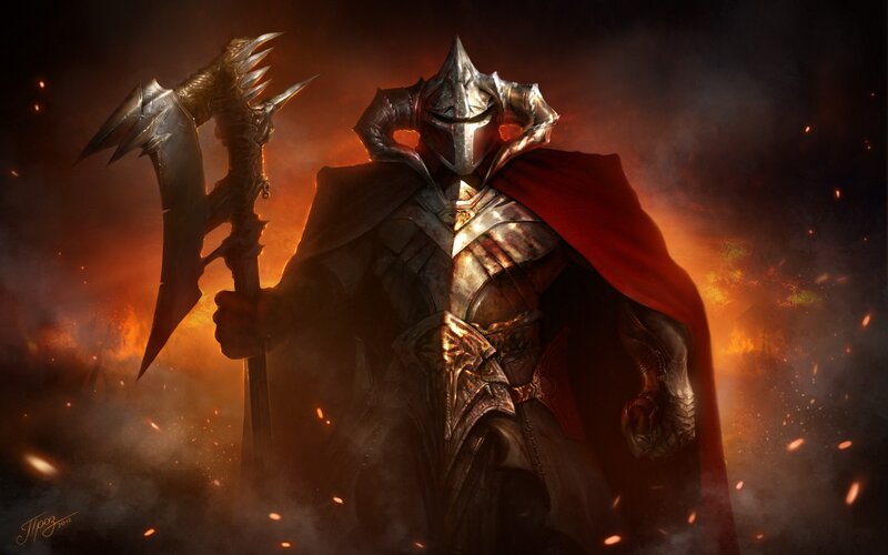 Armored Warrior with Axe — Red, Dramatic, Digital Art, Cape