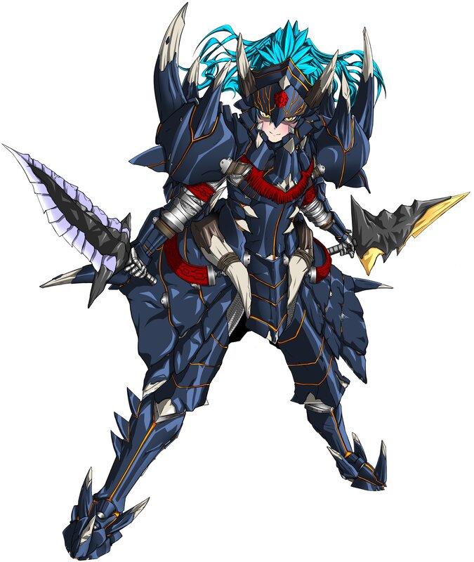 armored warrior with blue hair