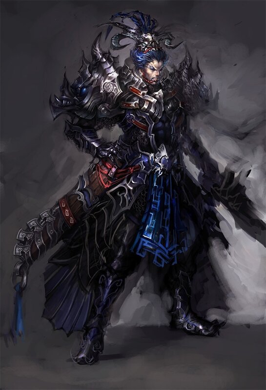 armored warrior with blue hair