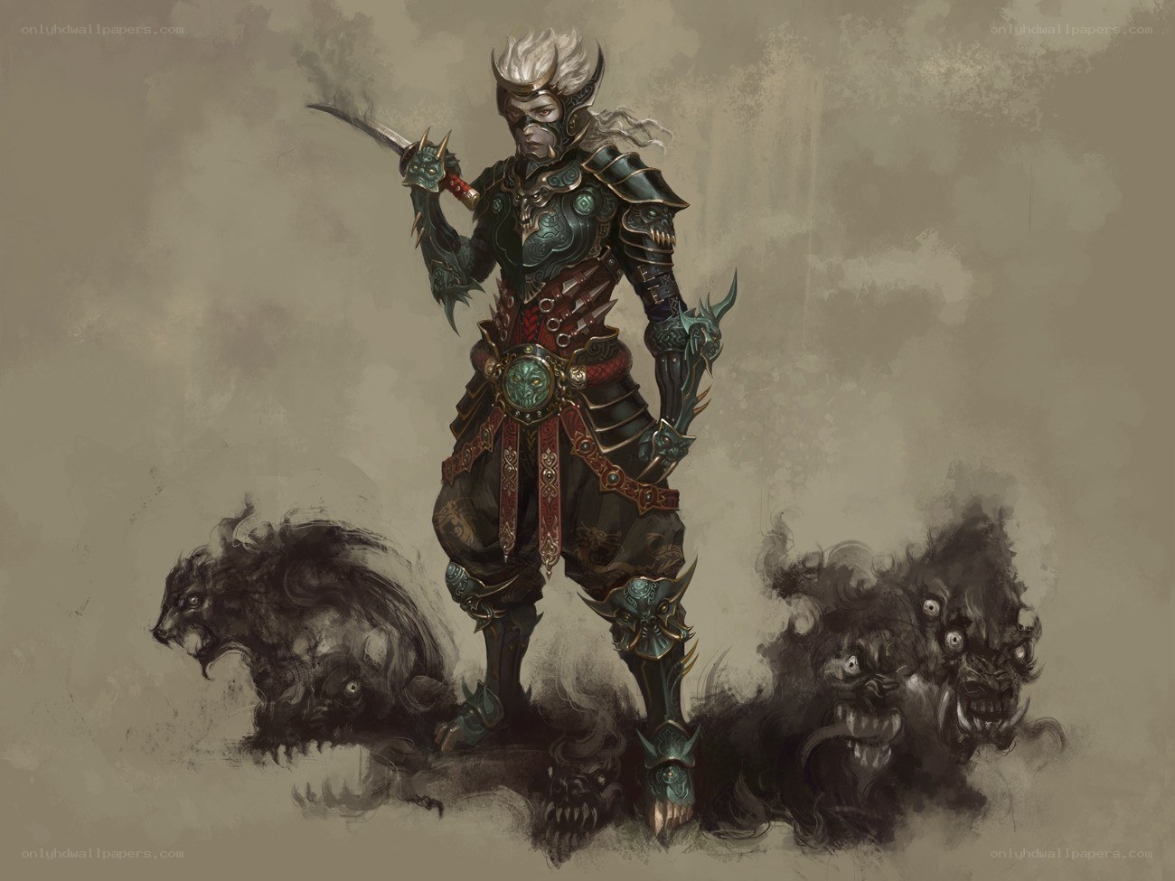 Armored warrior with demonic hounds