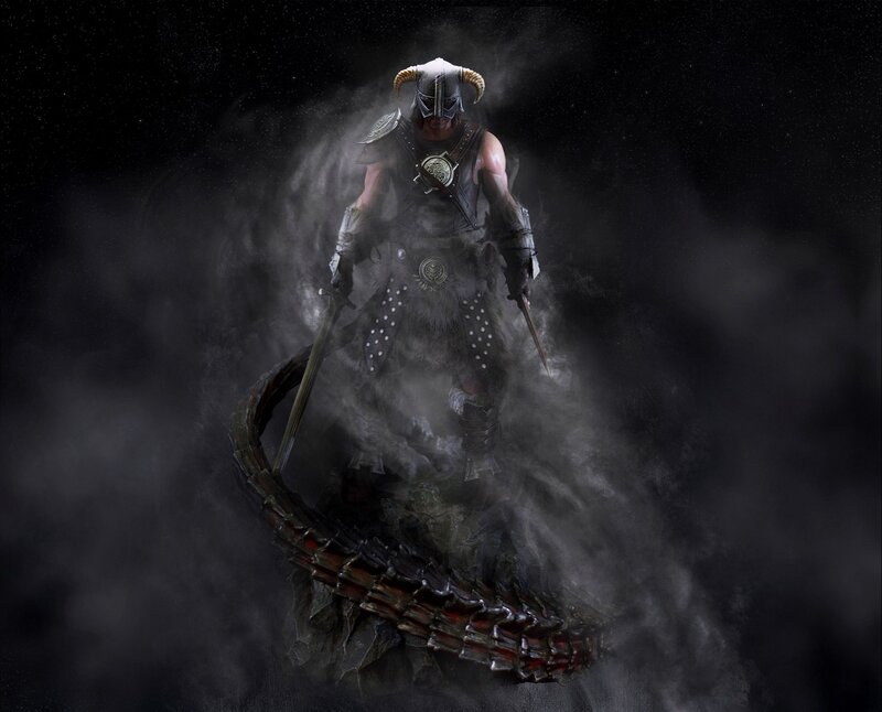 Armored Warrior with Dragon — Black, Dramatic, Night, Digital Art, Sword