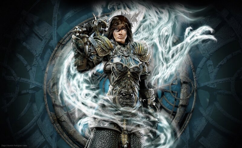 armored warrior with energy aura