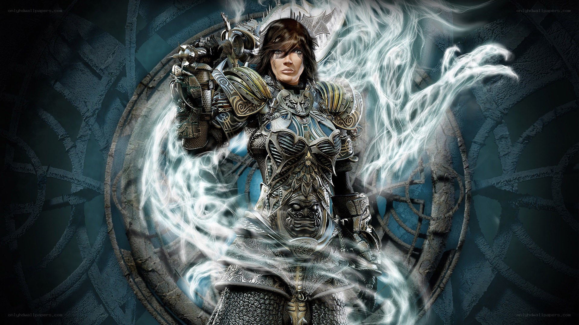 armored warrior with energy aura
