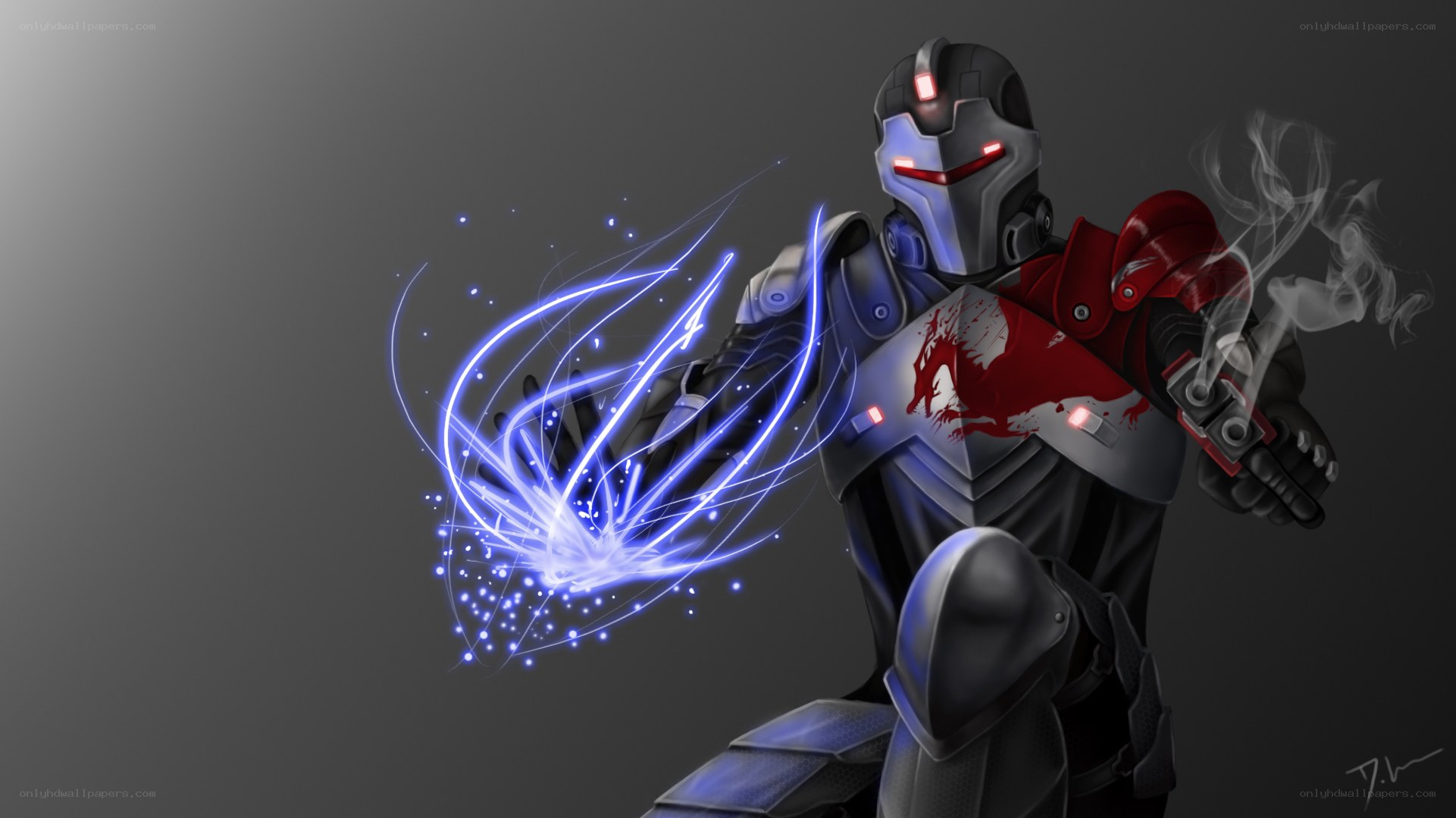 armored warrior with energy blast