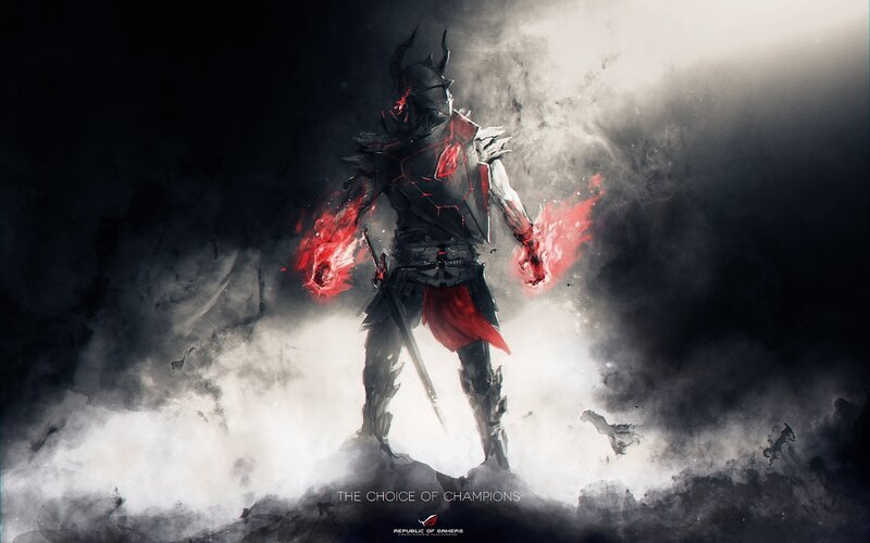 Armored Warrior with Fire — Black, Dramatic, Digital Art