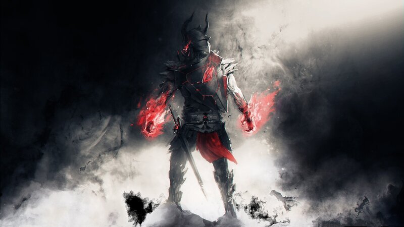 Armored Warrior with Fire — Black, Dramatic