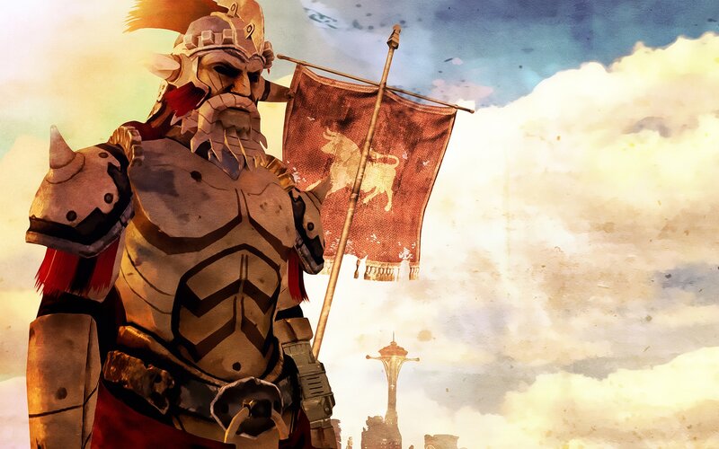 Armored Warrior with Flag — Brown, Dramatic