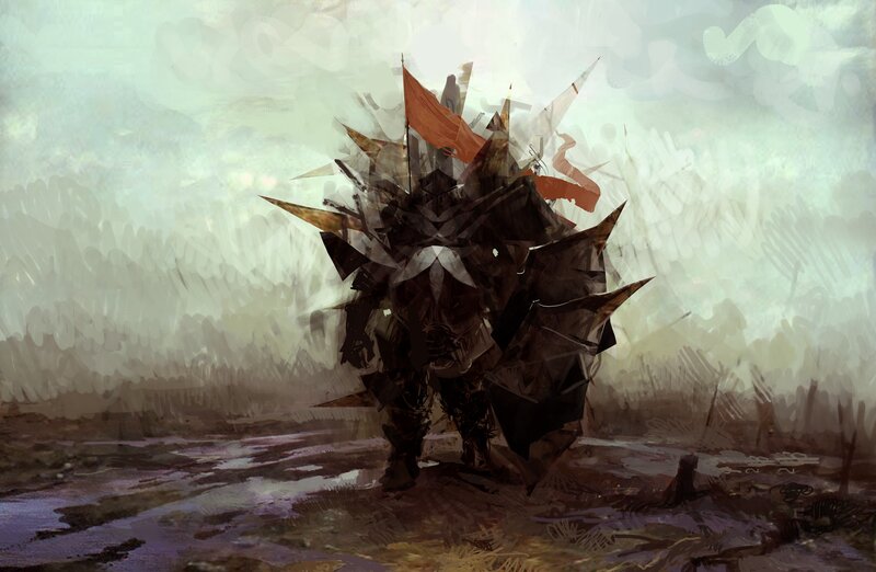armored warrior with flag