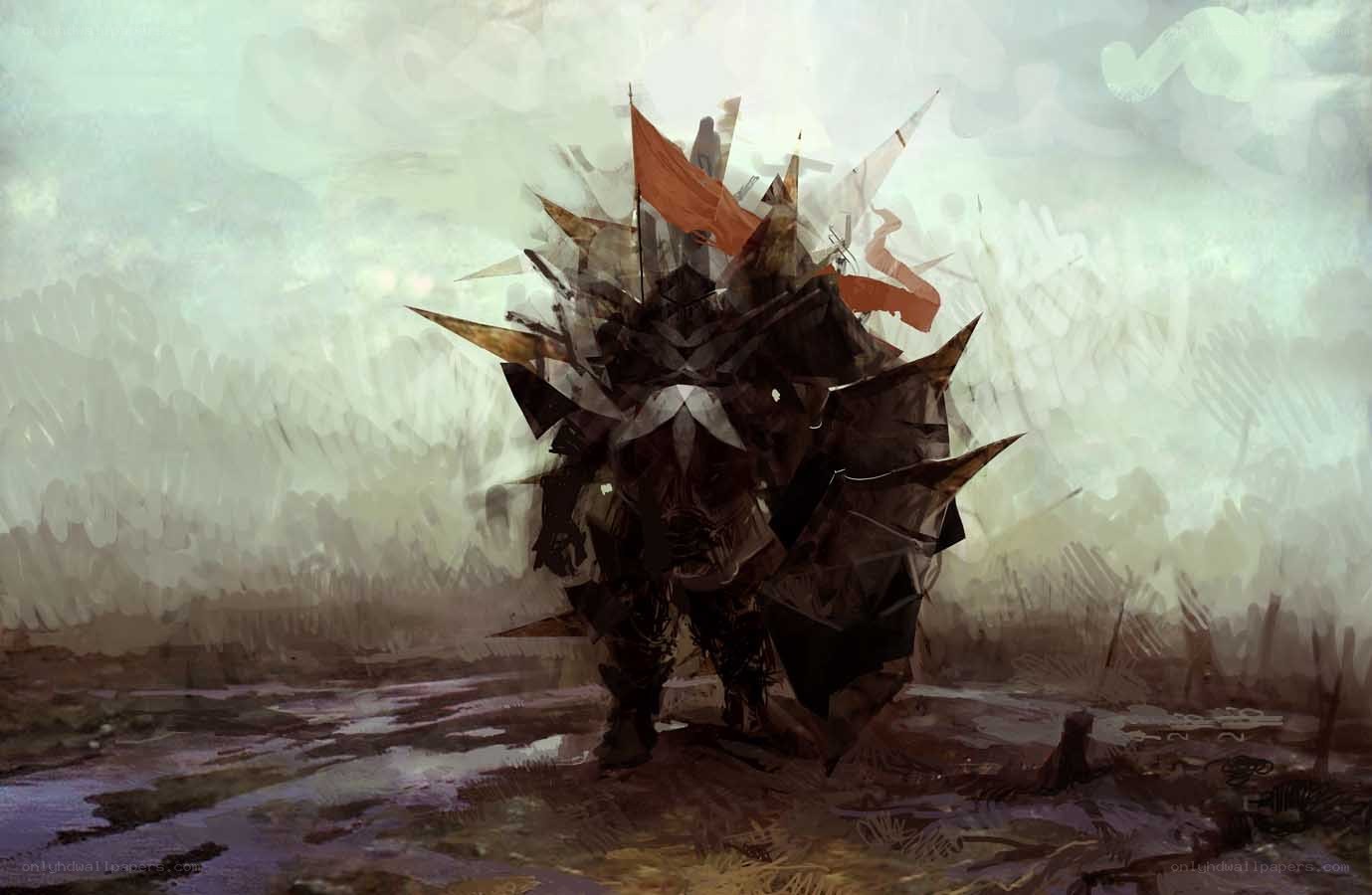 armored warrior with flags