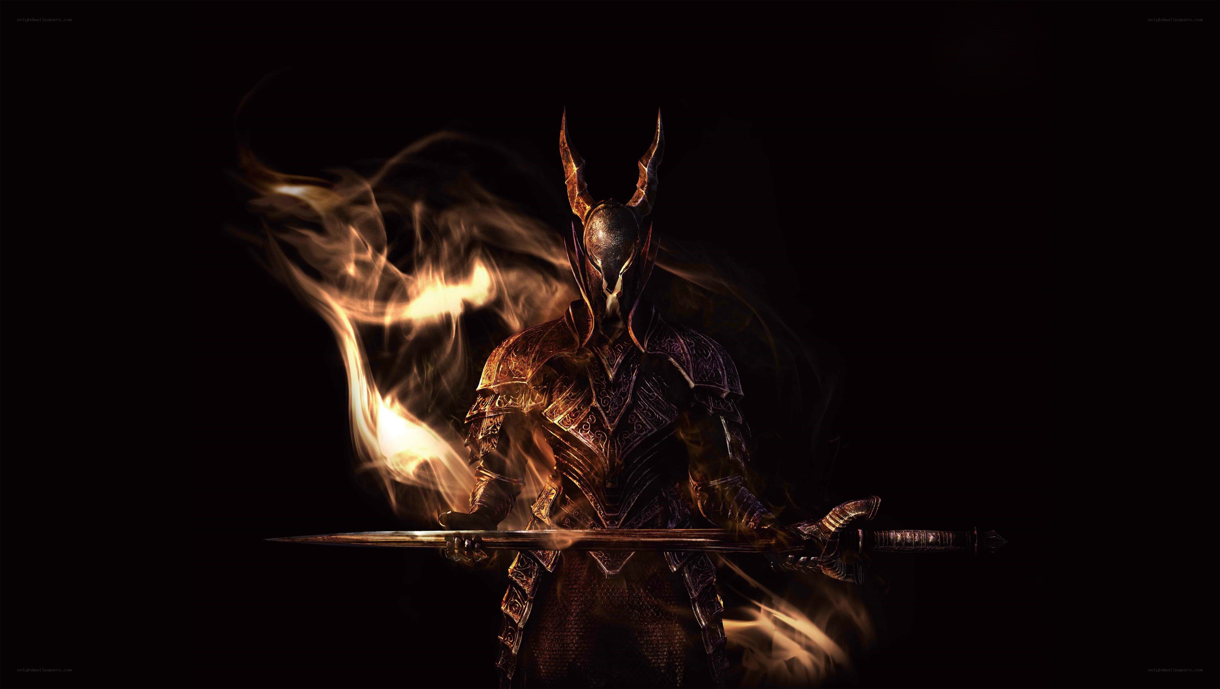 armored warrior with flaming sword