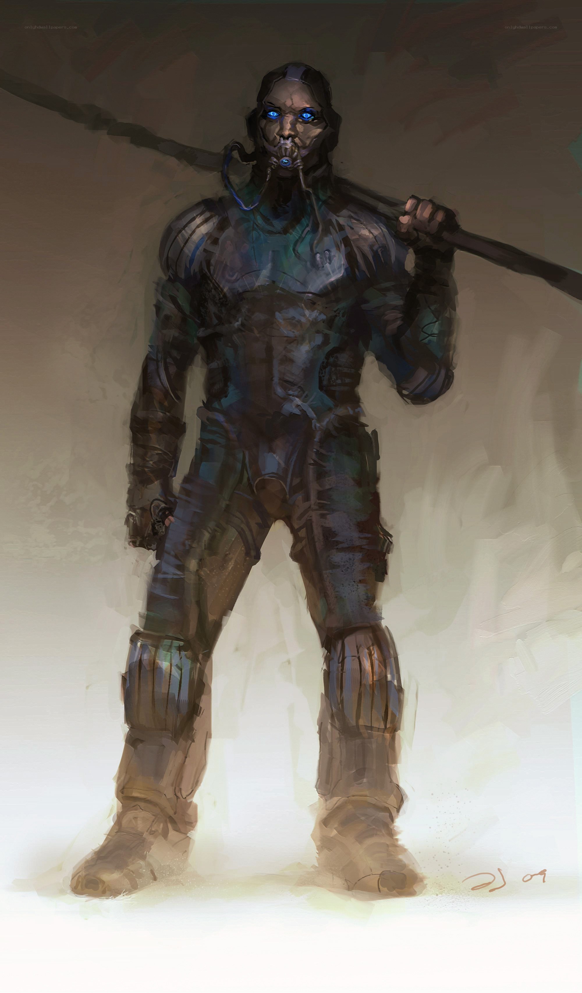 armored warrior with glowing eyes