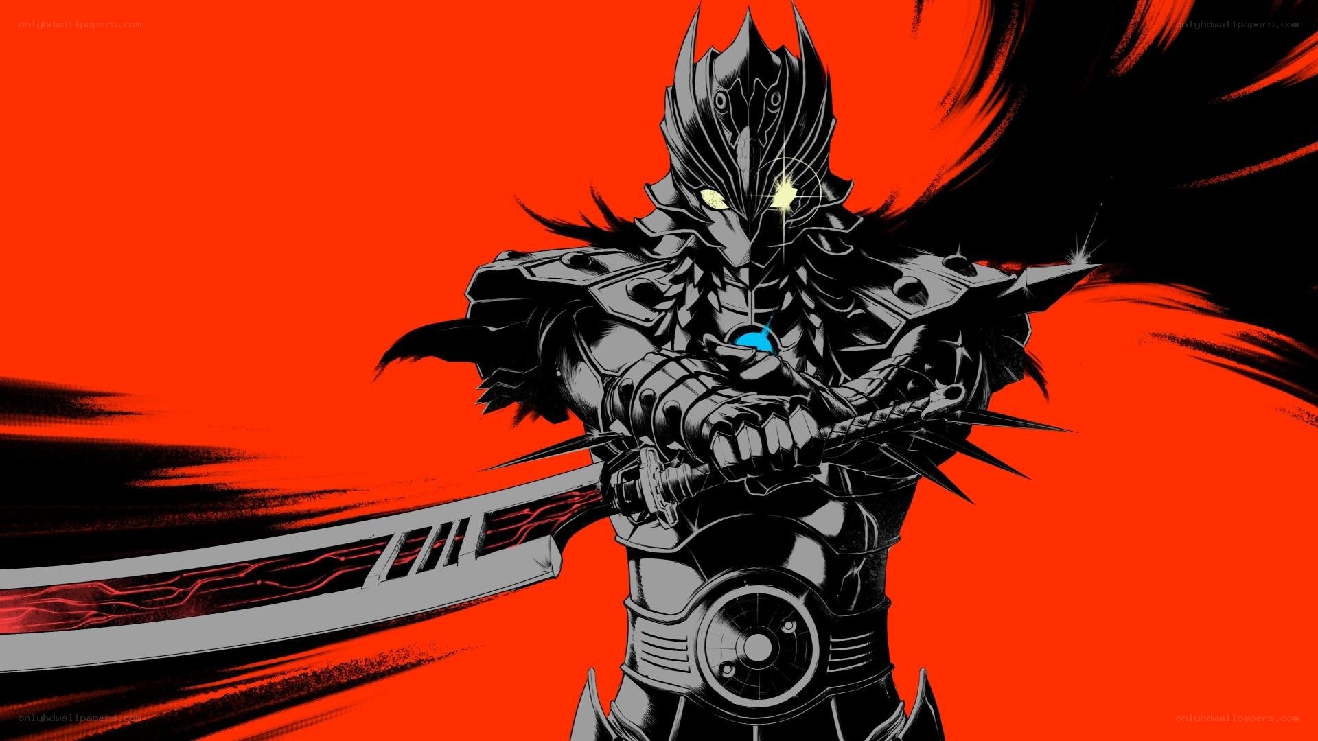 armored warrior with glowing eyes