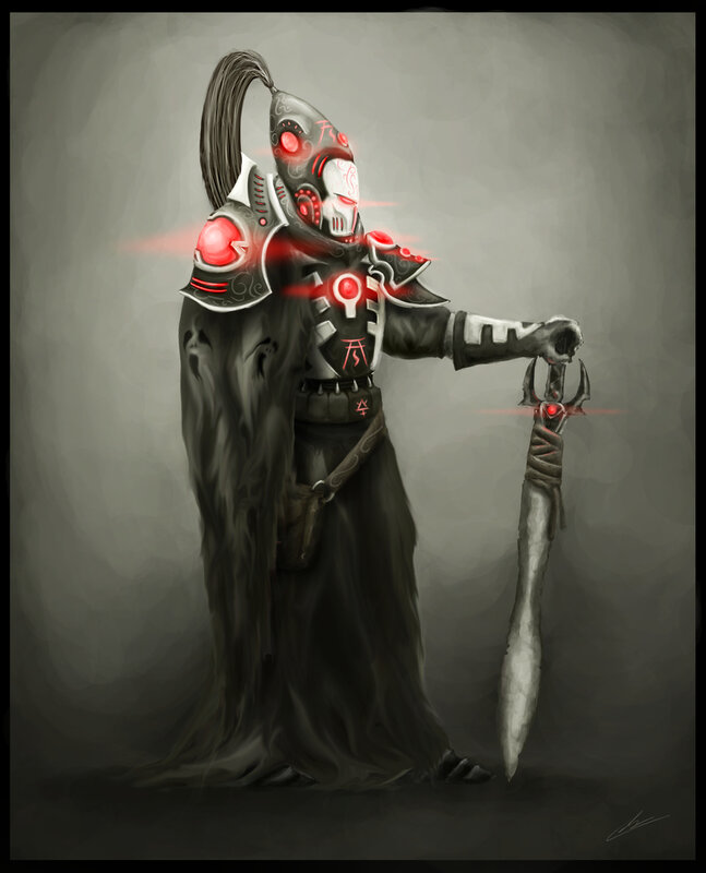 armored warrior with glowing red lights