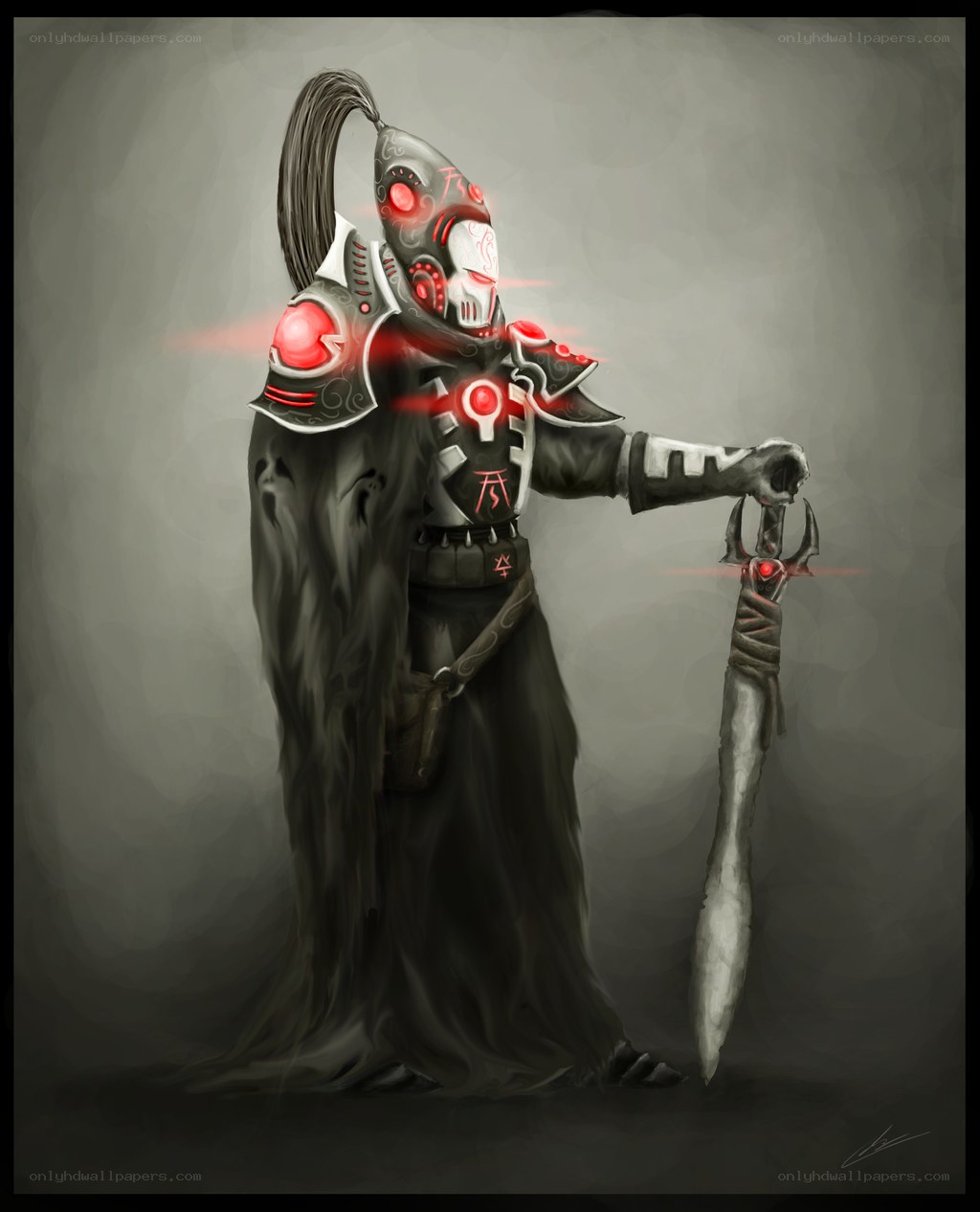 armored warrior with glowing red lights