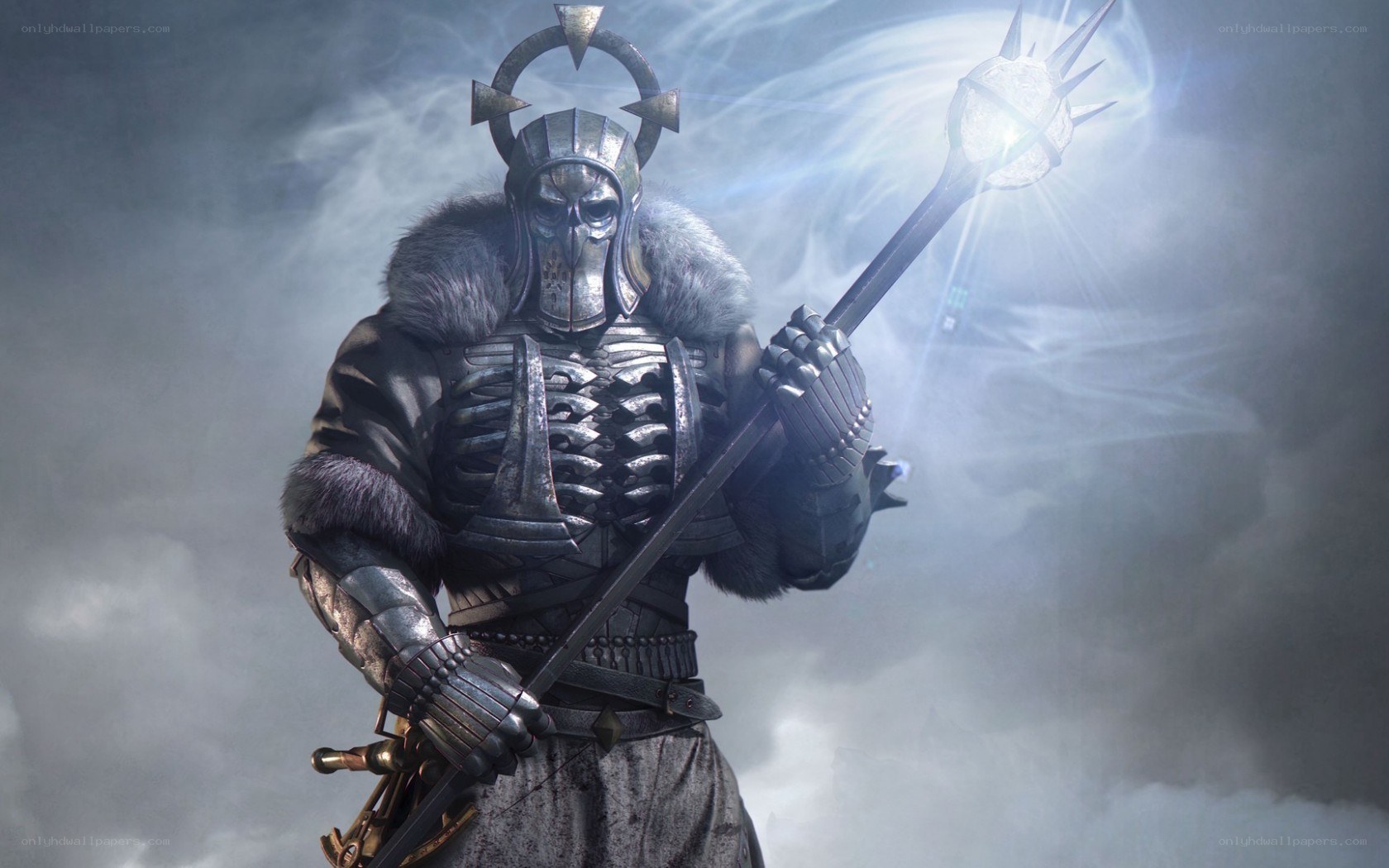 armored warrior with glowing staff