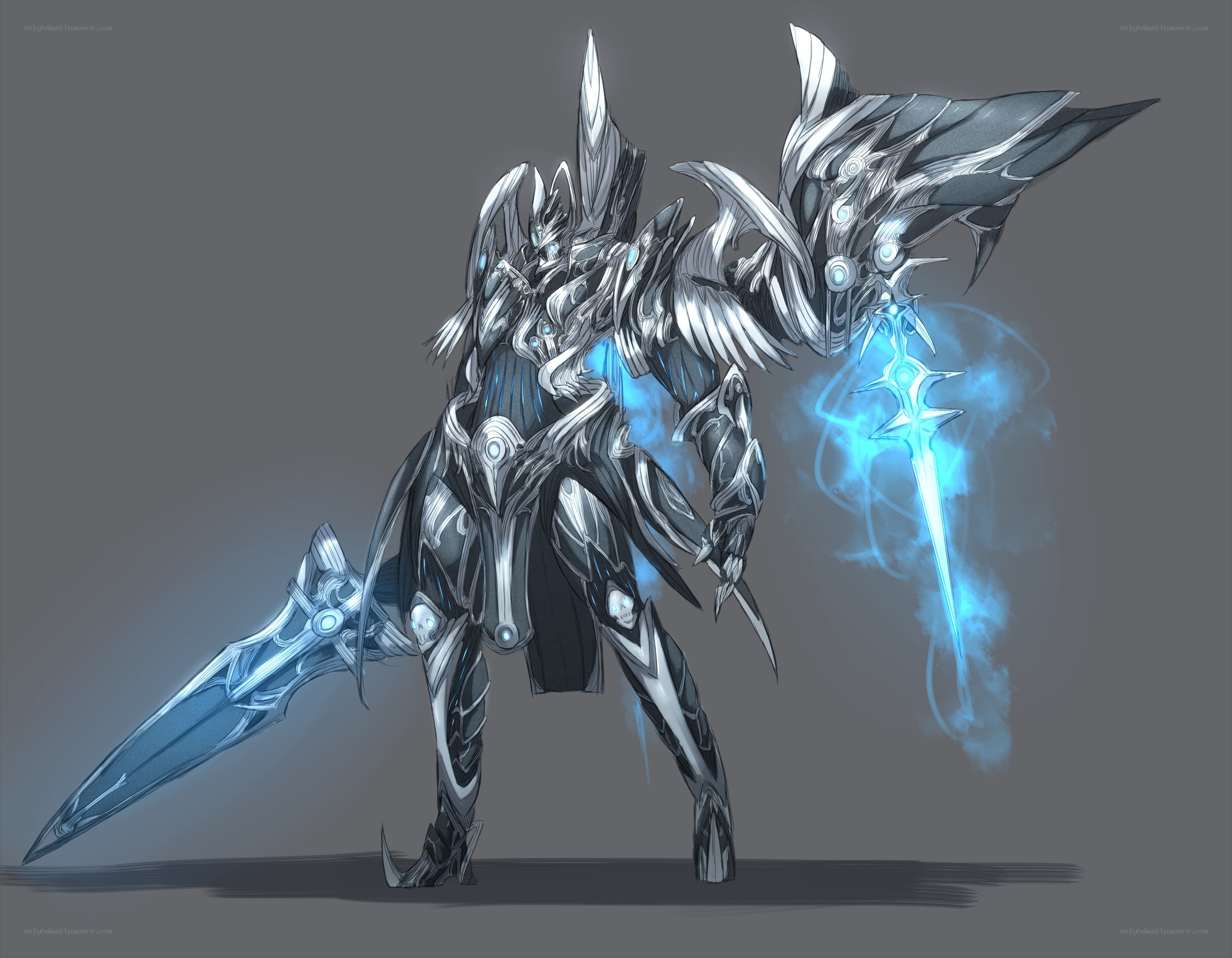 armored warrior with glowing swords