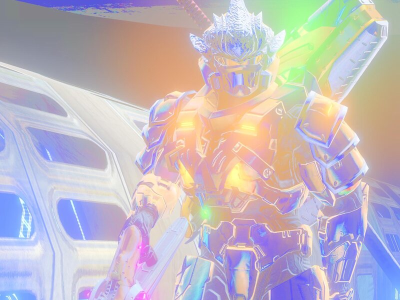 armored warrior with glowing weapon