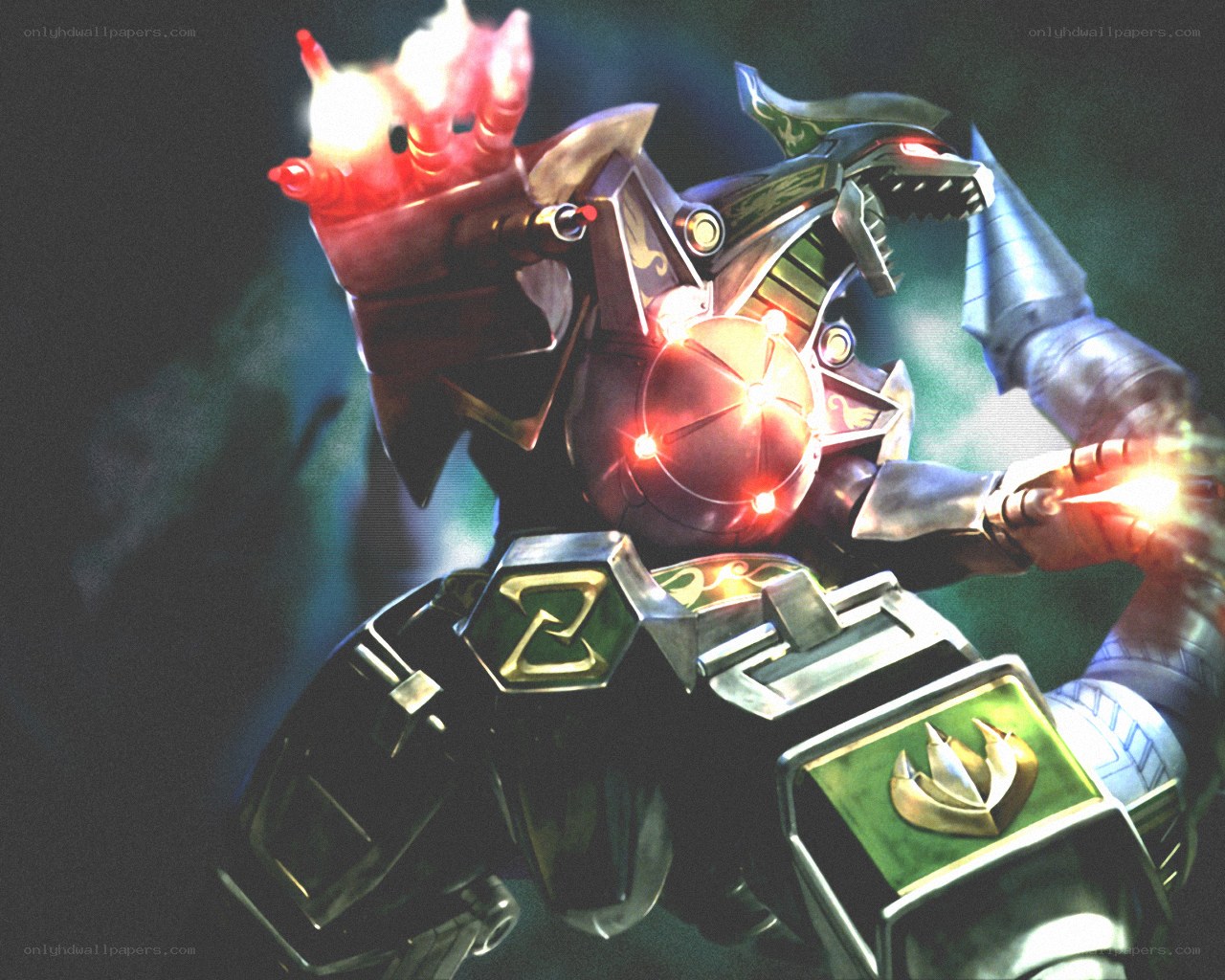 armored warrior with glowing weapons