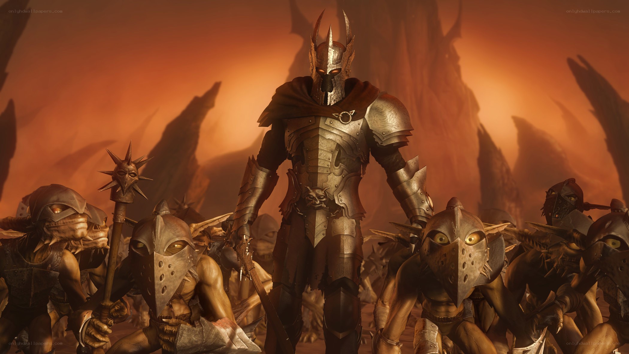 armored warrior with goblin army
