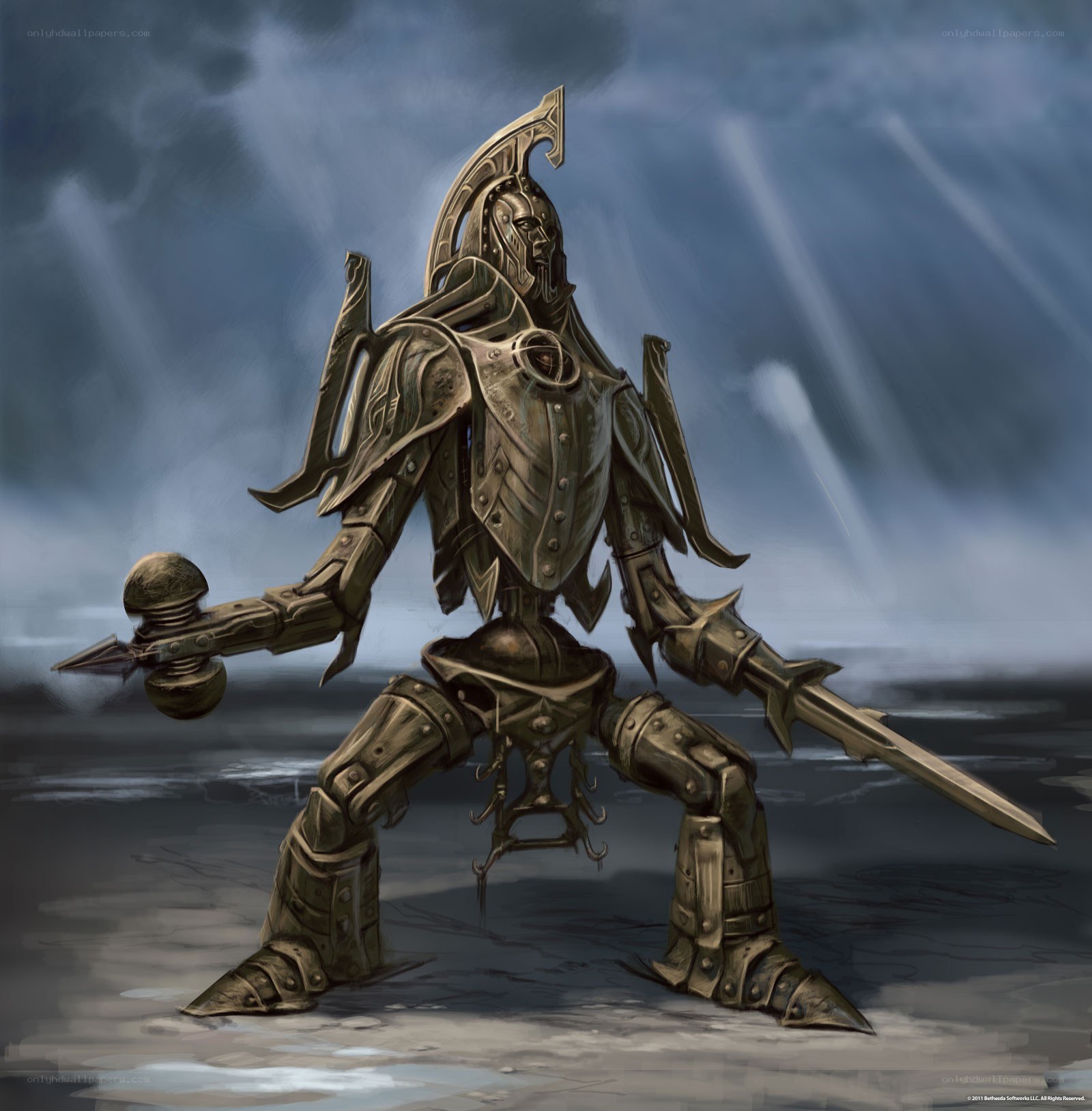 armored warrior with hammer and sword