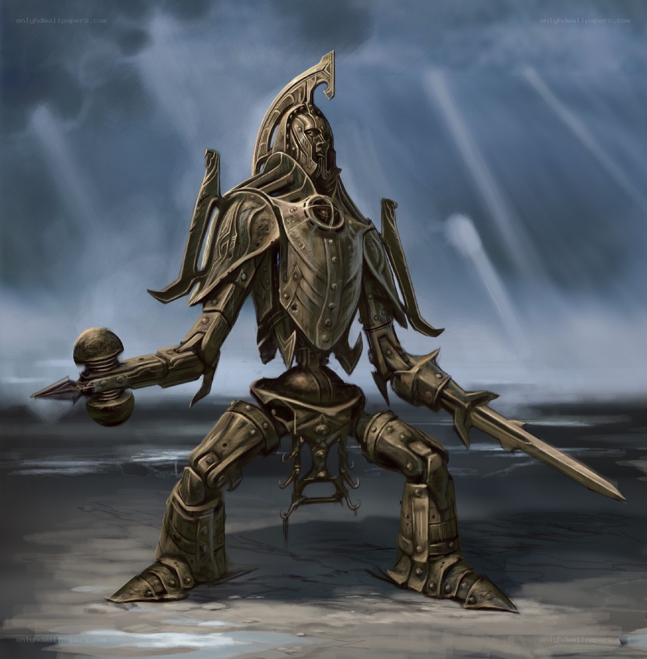 armored warrior with hammer and sword