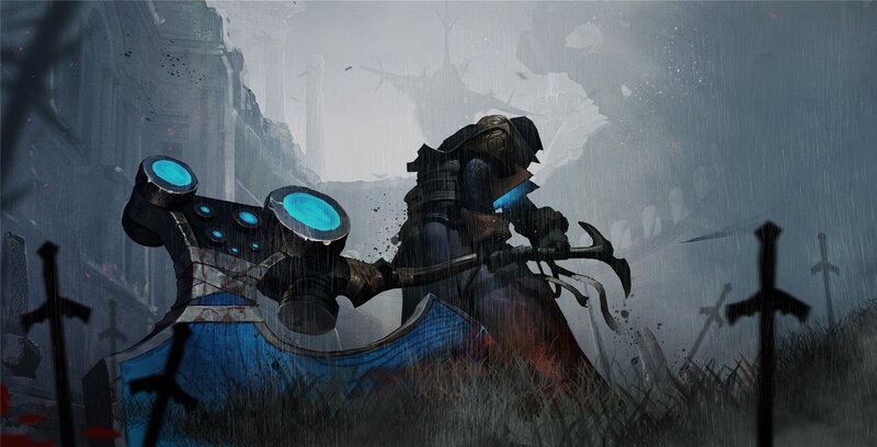 Armored Warrior with Hammer — Blue, Dramatic, Somber