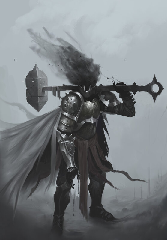 Armored Warrior with Hammer — Gray, Dramatic