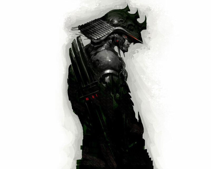 Armored Warrior with Helmet — Black, Dramatic, Digital Art, Armor