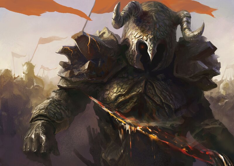 Armored Warrior with Horned Helmet — Gray, Dramatic, Sunset