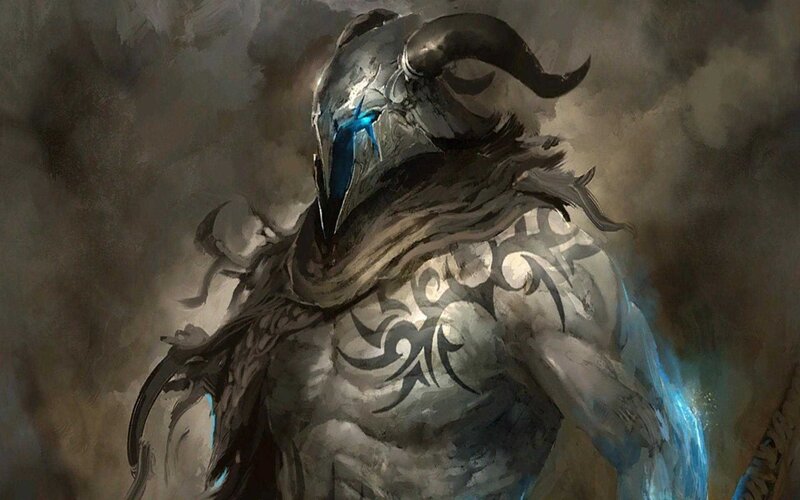 Armored Warrior with Horns — Gray, Dramatic