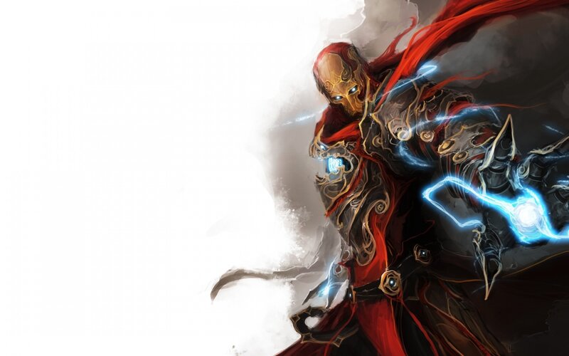 Armored Warrior with Lightning — Black, Dramatic, Digital Art, Red Cape