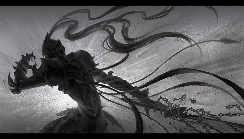 Armored Warrior with Long Hair — Black, Dramatic, Digital Art, Armor, Sword