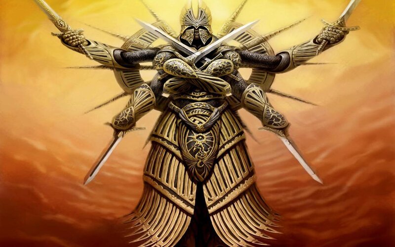 armored warrior with multiple swords