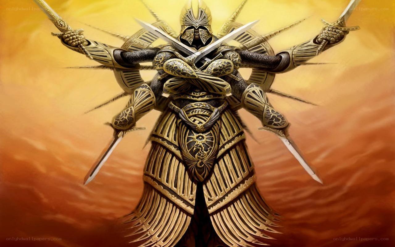 armored warrior with multiple swords