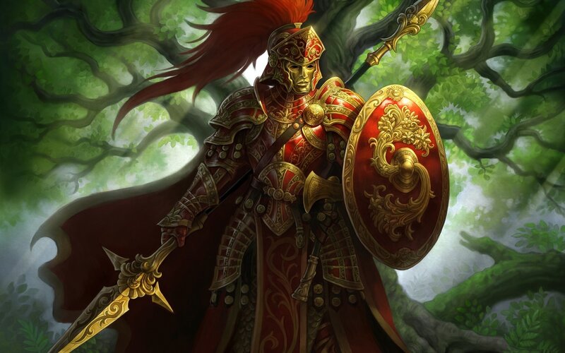 Armored Warrior with Shield — Red, Dramatic, Digital Art, Forest, Sword