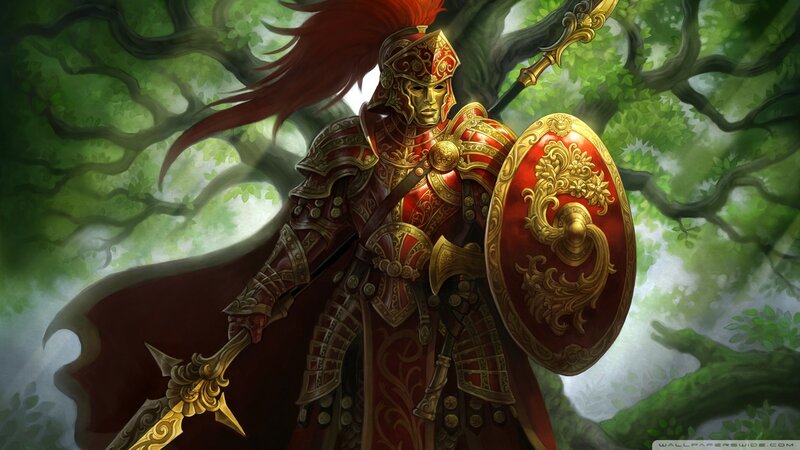Armored Warrior with Shield — Red, Dramatic, Digital Art