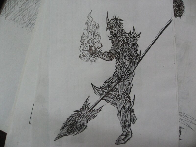 armored warrior with spear and fire