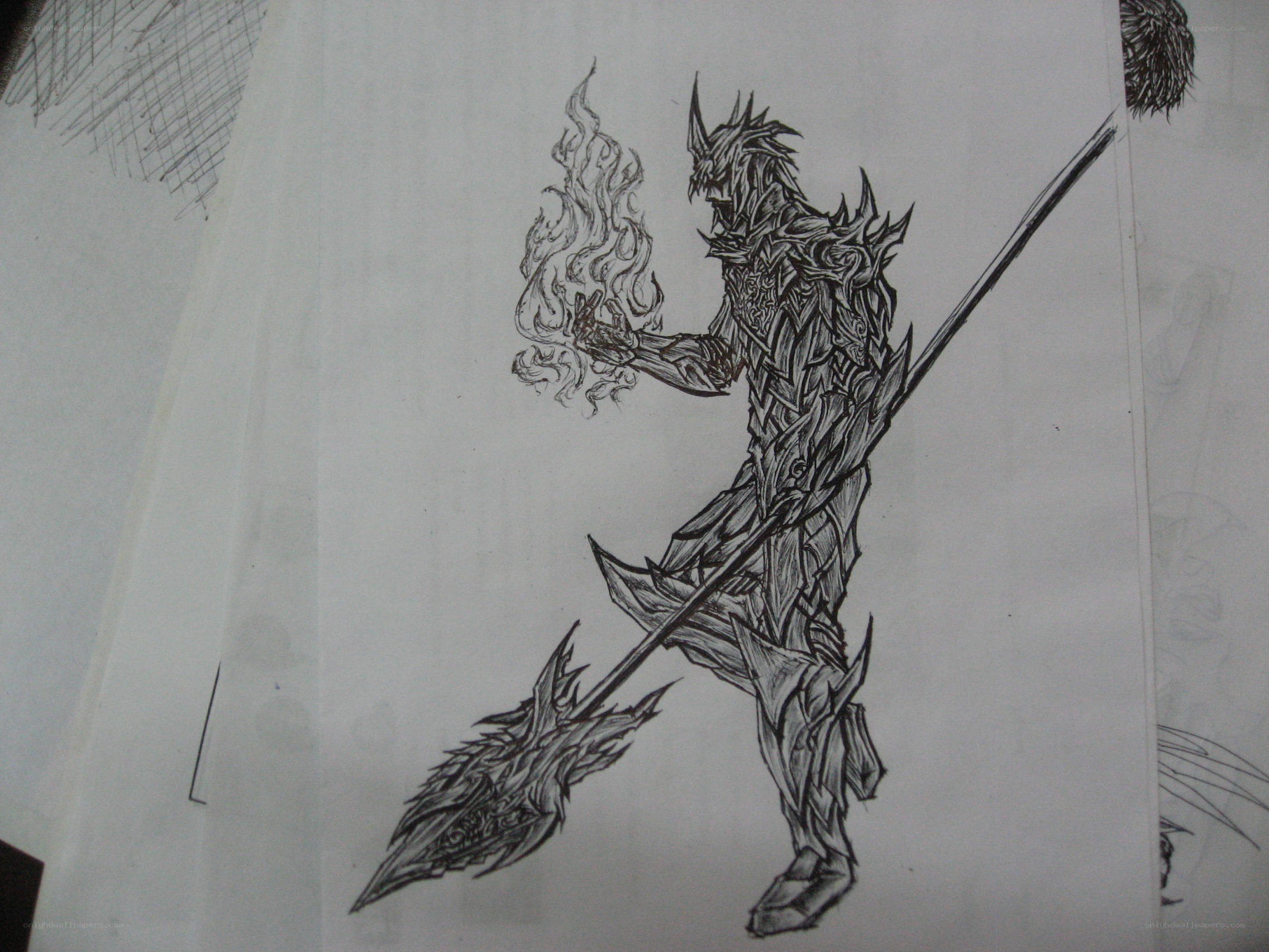 armored warrior with spear and fire