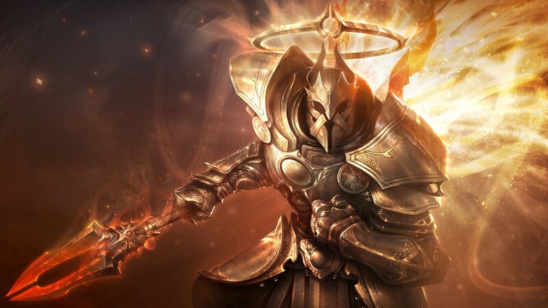 Armored Warrior with Spear — Gold, Dramatic, Digital Art, Halo, Fire
