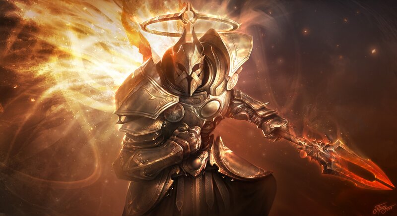 Armored Warrior with Spear — Gold, Dramatic, Digital Art