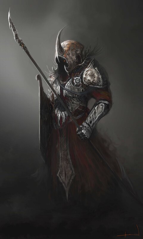 Armored Warrior with Spear — Gray, Dramatic, Digital Art, Shield, Armor