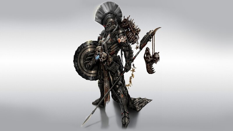 Armored Warrior with Spear — Gray, Dramatic, Digital Art, Shield