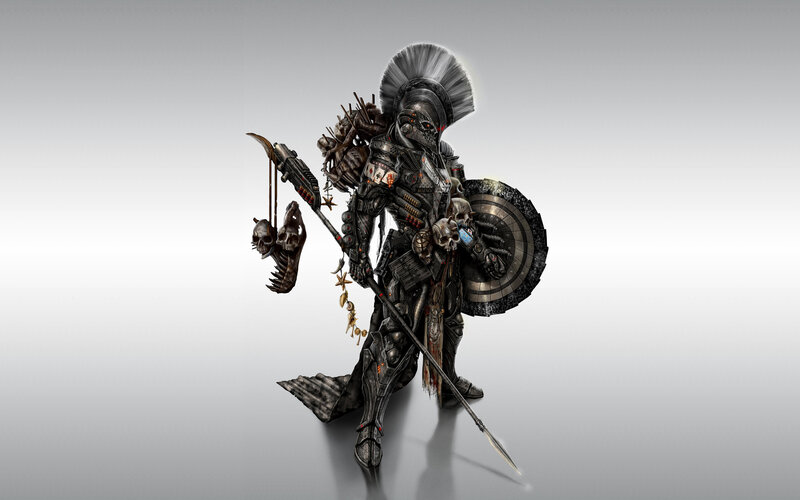 Armored Warrior with Spear — Gray, Dramatic, Digital Art, Skulls