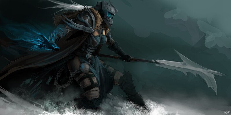 Armored Warrior with Spear — Gray, Dramatic, Winter, Digital Art
