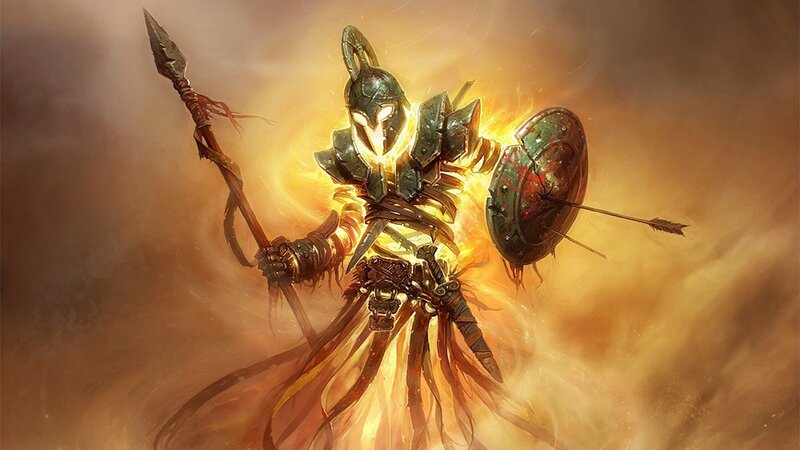 Armored Warrior with Spear — Orange, Dramatic, Digital Art