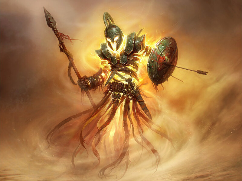 Armored Warrior with Spear — Orange, Dramatic