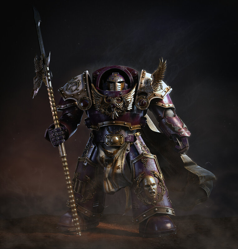 Armored Warrior with Spear — Purple, Dramatic, 3d Render