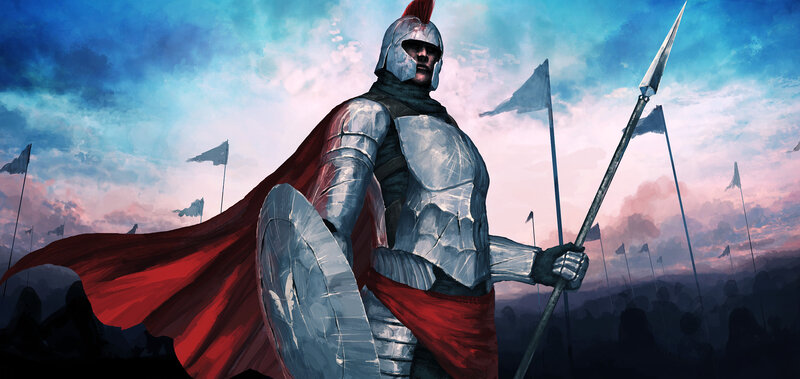 Armored Warrior with Spear — Red, Dramatic, Sunset