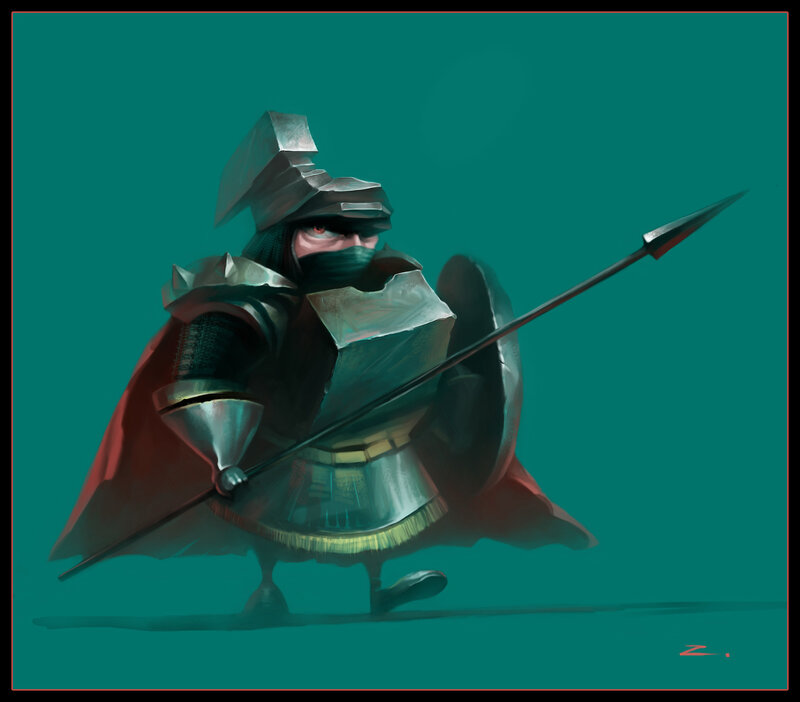 Armored Warrior with Spear — Teal, Dramatic
